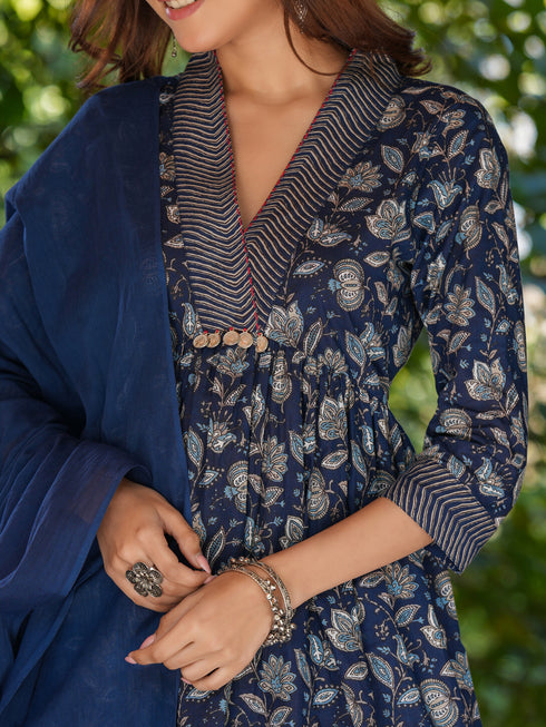 Navy Blue Pure Cotton Floral Printed A-line Kurta Pant With Dupatta Set